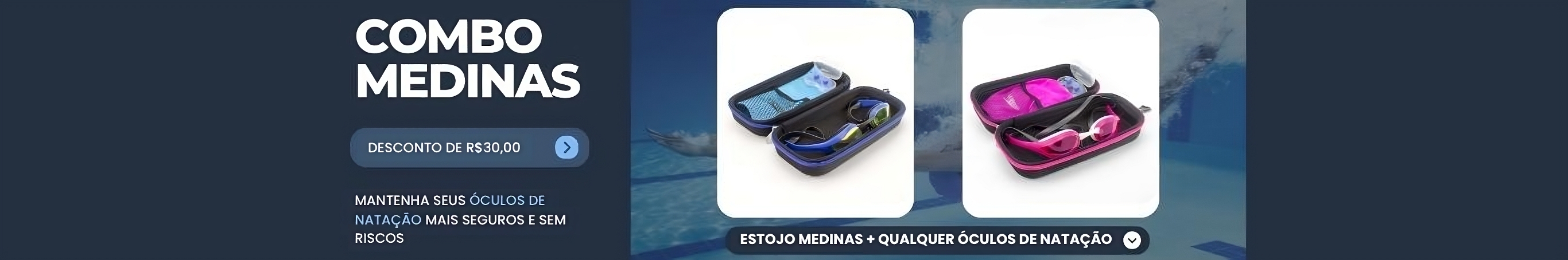 Oculos Natação Leader Speed Pro Preto + Estojo Medinas Logo Azul