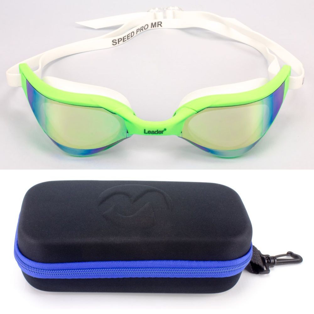 Oculos Natação Leader Speed Pro Verde + Estojo Medinas Logo Azul 1