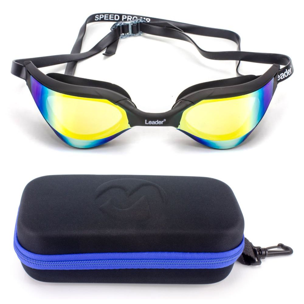 Oculos Natação Leader Speed Pro Preto + Estojo Medinas Logo Azul