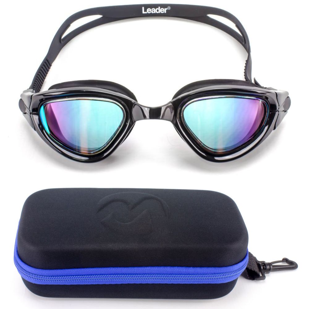 Óculos Natação Espelhado Leader Swell Preto + Estojo Medinas Logo Azul