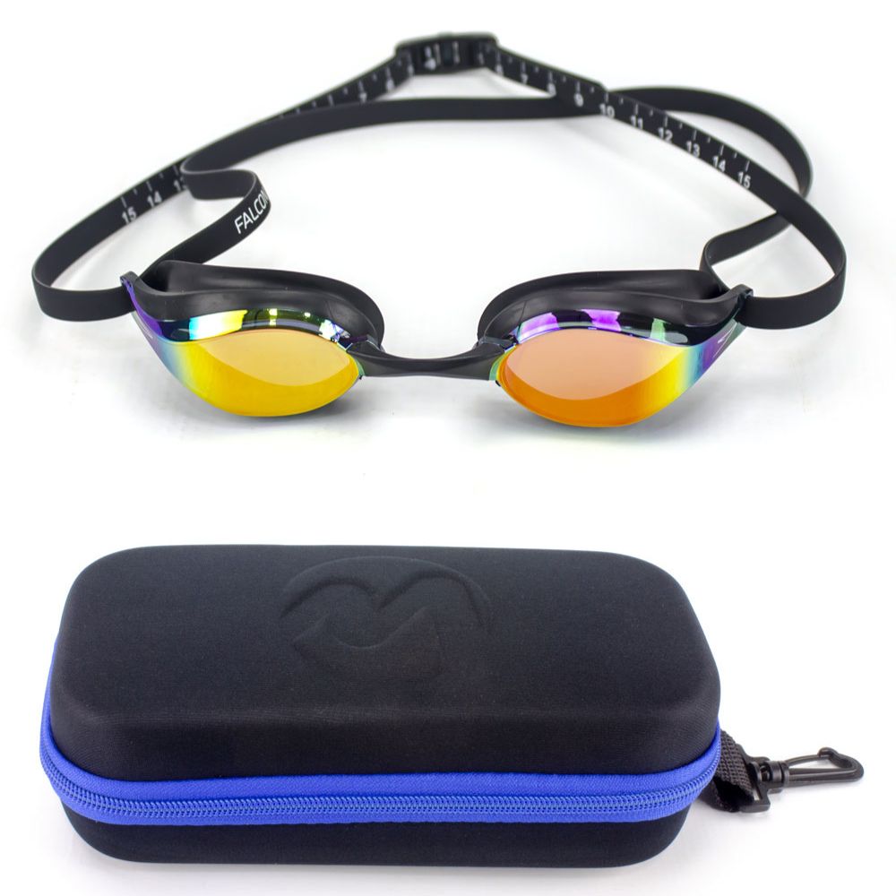 Óculos Natação Espelhado Speedo Falcon Preto + Estojo Medinas Logo Azul